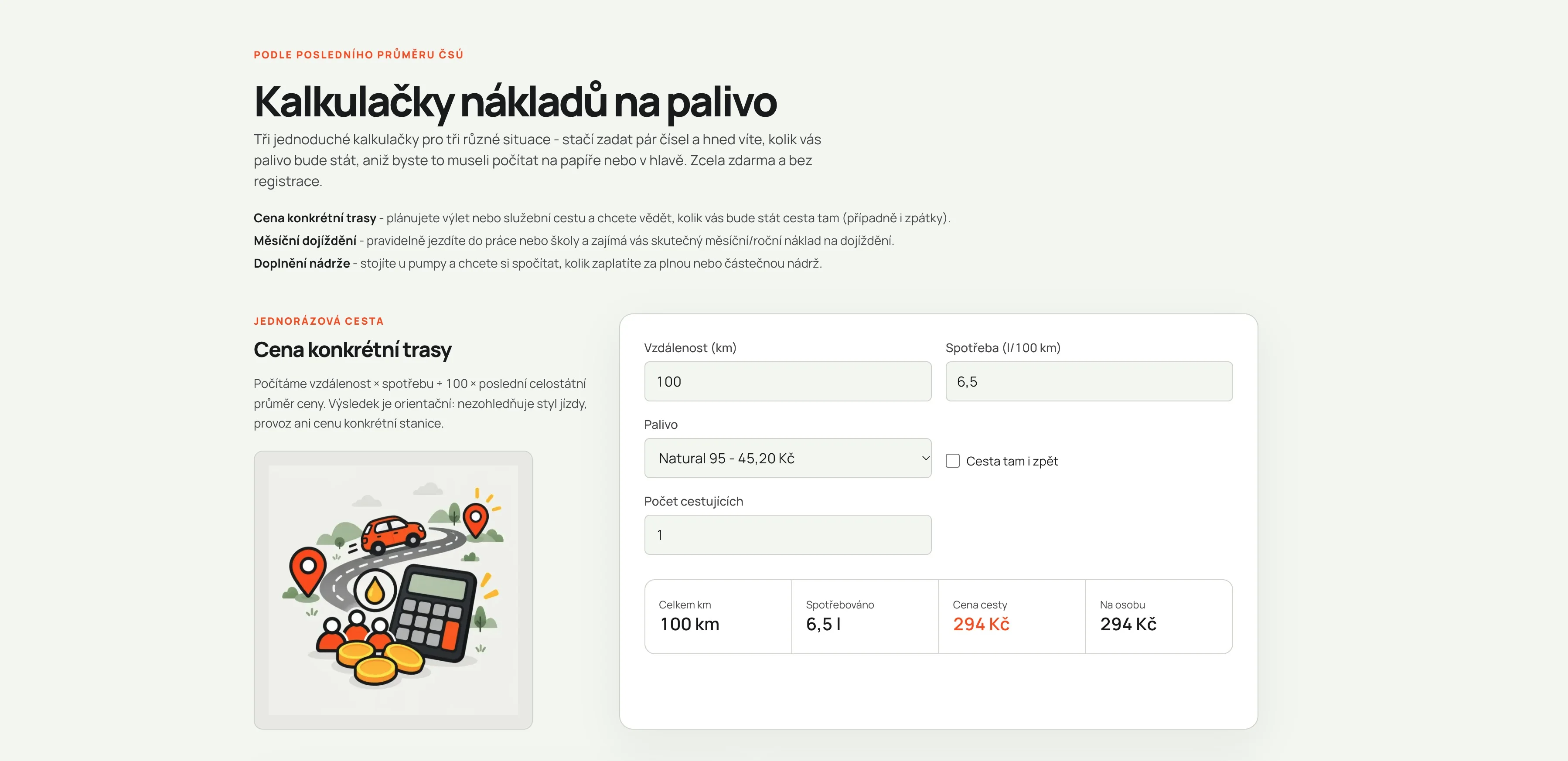 Kalkulačka ceny cesty na webu Ceny benzínu